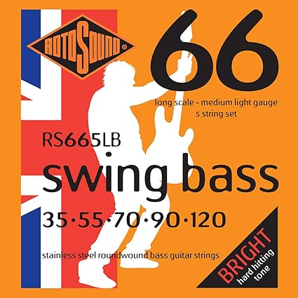 Encordadura RotoSound para bajo eléctrico Swing Bass 66 de 5 cuerdas calibre medio-ligero 35, 55, 70, 90 y 120, escala larga en entorchado de acero inoxidable. RS665LB