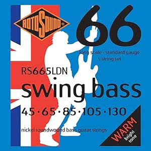 Encordadura RotoSound para bajo eléctrico Swing Bass 66 de 5 cuerdas calibre estándar 45, 65, 80, 105 y 130, escala larga, núcleo de acero inoxidable entorchado en níquel. RS665LDN