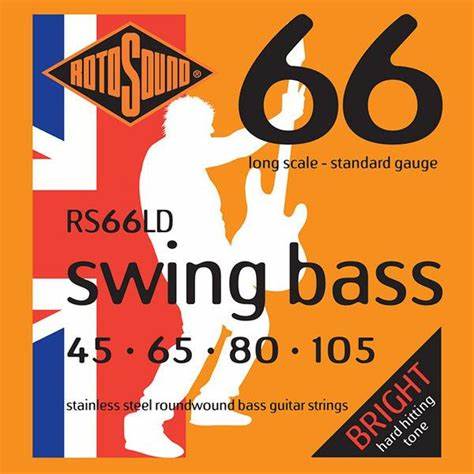 Encordadura RotoSound para bajo eléctrico Swing Bass 66 de 4 cuerdas calibre estándar 45, 65, 80 y 105, escala larga, entorchado de acero inoxidable. RS66LD