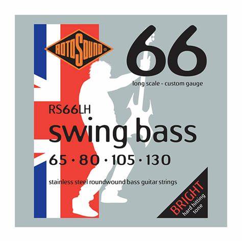 Encordadura RotoSound para bajo eléctrico Drop Zone 66 de 4 cuerdas calibre custom 65, 80, 105 y 130 escala larga, entorchado de acero inoxidable. RS66LH