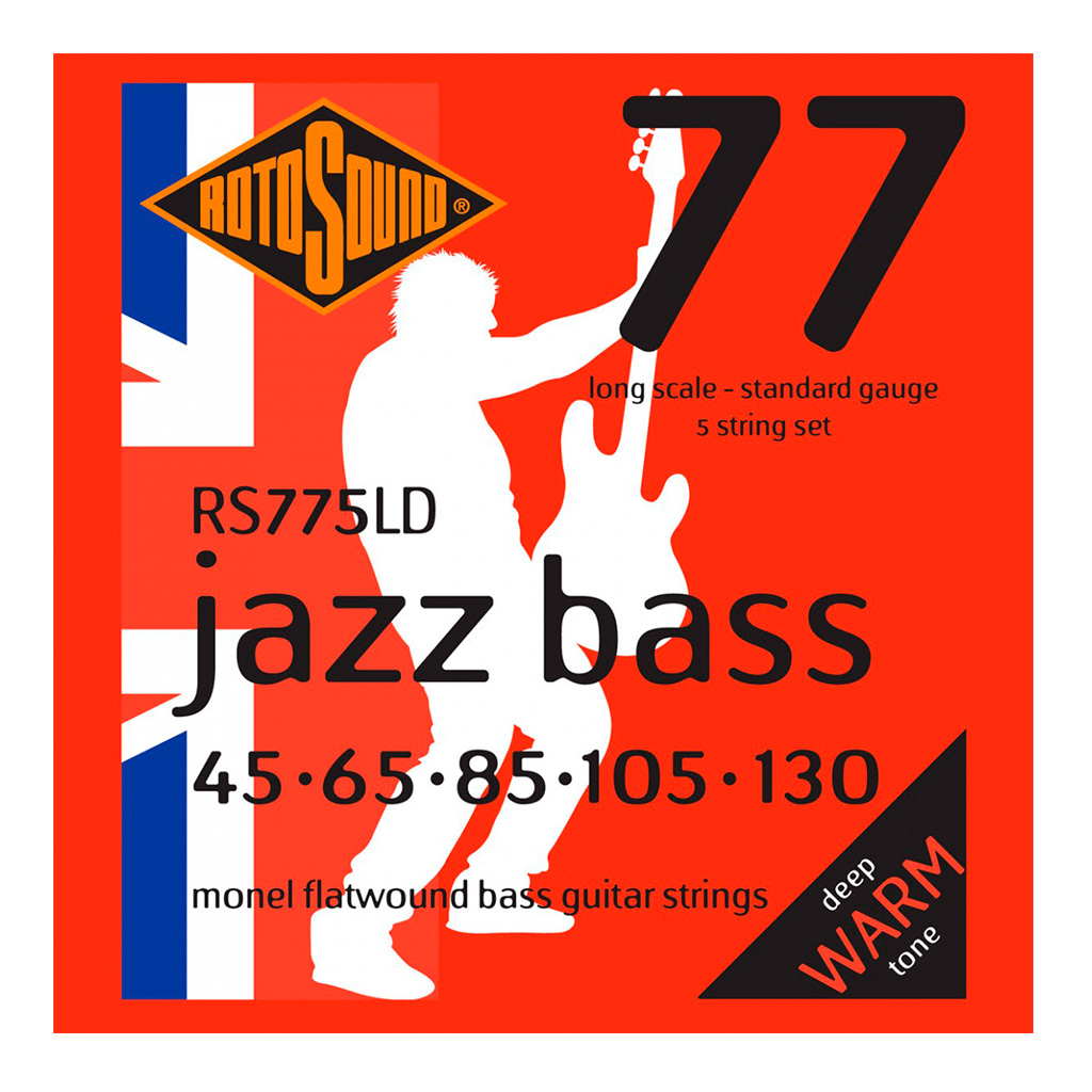 Encordadura RotoSound para bajo eléctrico Jazz Bass 77 de 5 cuerdas calibre estándar 45, 65, 85, 105 y 130, escala larga y entorchado plano en aleación de monel. RS775LD
