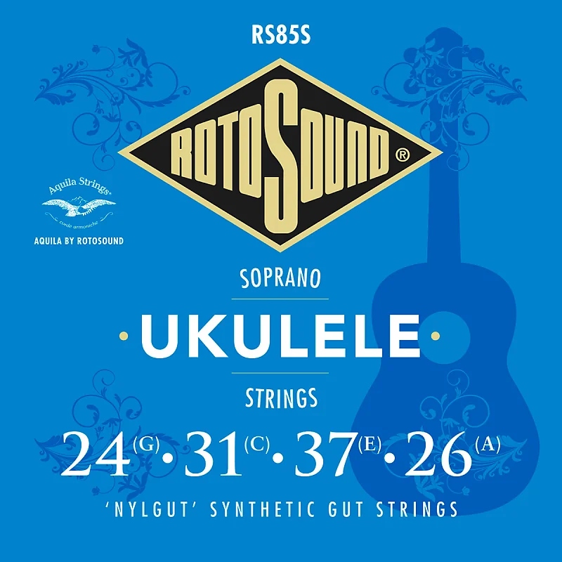 RS85S Encordadura Aquila by RotoSound para ukelele soprano de 4 cuerdas calibre 24, 31, 37, 26  en tripa sintética. 