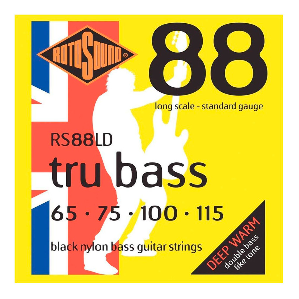 Encordadura RotoSound para bajo eléctrico Tru Bass 88 de 4 cuerdas calibre estándar 65, 75, 100 y 115, escala larga y entorchado plano de nailon negro. RS88LD