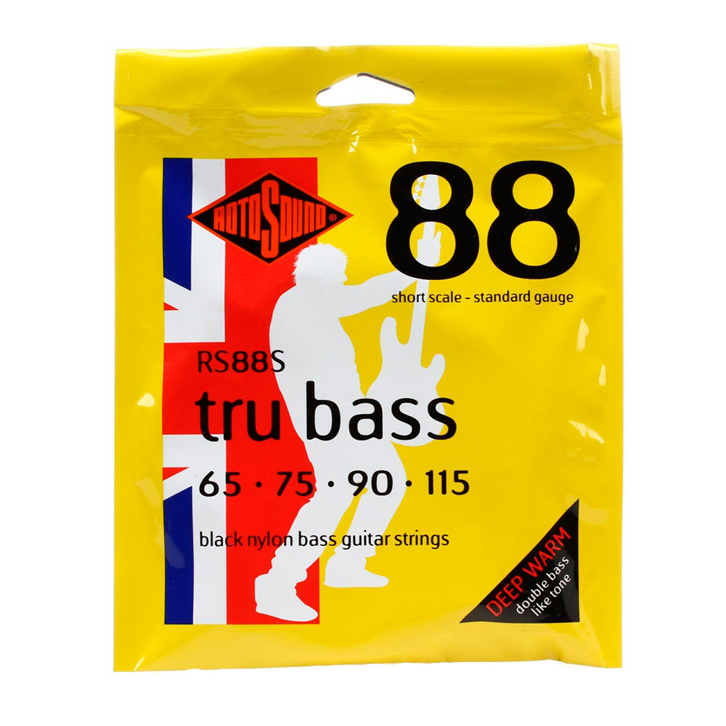 Encordadura RotoSound para bajo eléctrico Tru Bass 88 de 4 cuerdas calibre estándar 65, 75, 100 y 115, escala corta y entorchado plano de nailon negro. RS88S