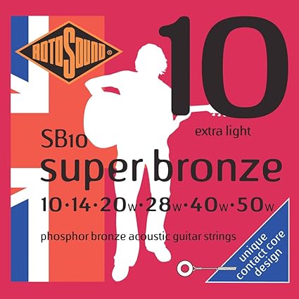 Encordadura RotoSound para guitarra acústica/electroacústica Super Bronze de 6 cuerdas calibre extra ligero 10, 14, 20w, 28w, 40w y 50w, de entorchado contact core en fósforo de bronce. SB10