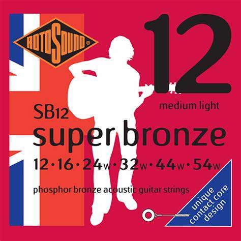 Encordadura RotoSound para guitarra acústica/electroacústica Super Bronze de 6 cuerdas calibre medio-ligero 12, 16, 24w, 32w, 44w y 54w, de entorchado contact core en fósforo de bronce. SB12