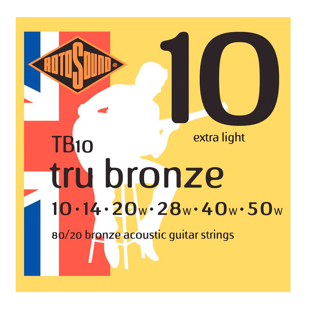 Encordadura RotoSound para guitarra acústica/electroacústica Tru Bronze de 6 cuerdas calibre extra ligero 10, 14, 20w, 28w, 40w y 50w, de entorchado en bronce 92/8 y latón 80/20. TB10