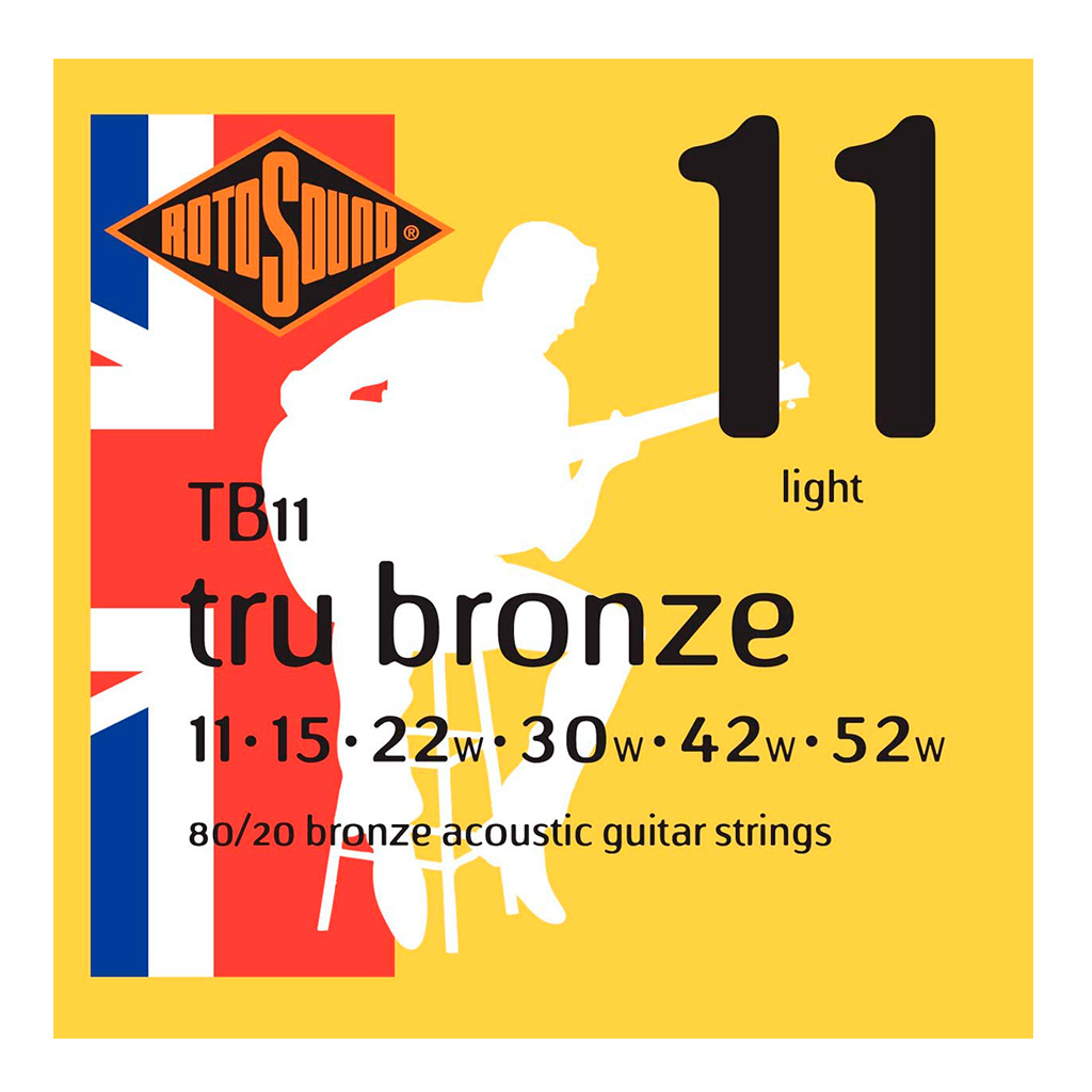 Encordadura RotoSound para guitarra acústica/electroacústica Tru Bronze de 6 cuerdas calibre ligero 11, 15, 22w, 30w, 42w y 52w, de entorchado en bronce 92/8 y latón 80/20. TB11