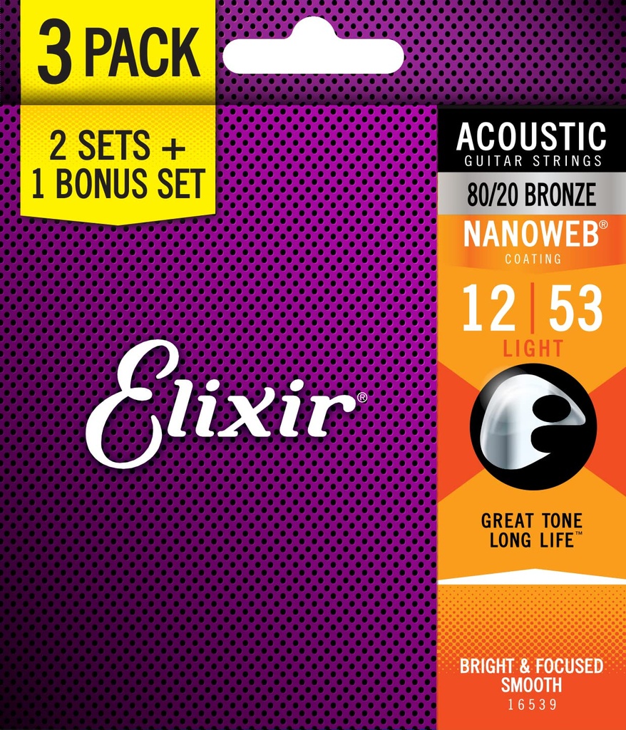 ENCORDADURA ELIXIR PARA GUITARRA ACUSTICA PAQ NANOWEB LIGHT 16539
