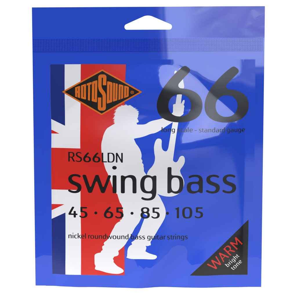 Encordadura RotoSound para bajo eléctrico Swing Bass 66 de 4 cuerdas calibre estándar 45, 65, 80 y 105, escala larga, núcleo de acero inoxidable entorchado en níquel. RS66LDN