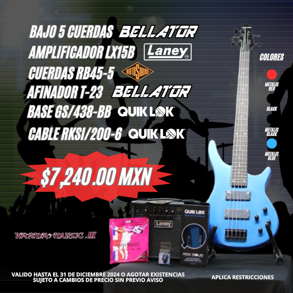 KTWRMB515-MBS
 Bajo de 5 cuerdas SEBS5HJ-MBS, Amplificador LX15B, Cuerdas RB45-5, Afinador T-23, Base GS/438-BB, Cable RKSI/200-6 KTWRMB515-MBS