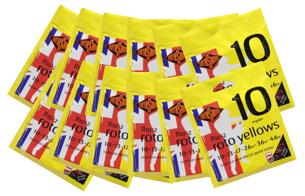 12 PAQUETES POR EL PRECIO DE 9 ENCORDADURA ROTOSOUND PARA GUITARRA ELECTRICA ROTO YELLOWS  R10